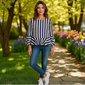 a.n.a Navy and White Striped Blouse with Ruffle Detail